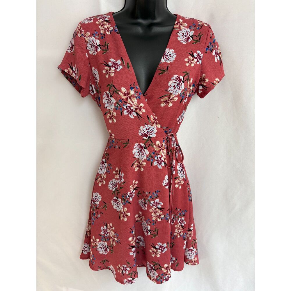 Lush Red Mauve Pink Floral Wrap Dress Size XS Romantic Prairie Cottagecore Cute